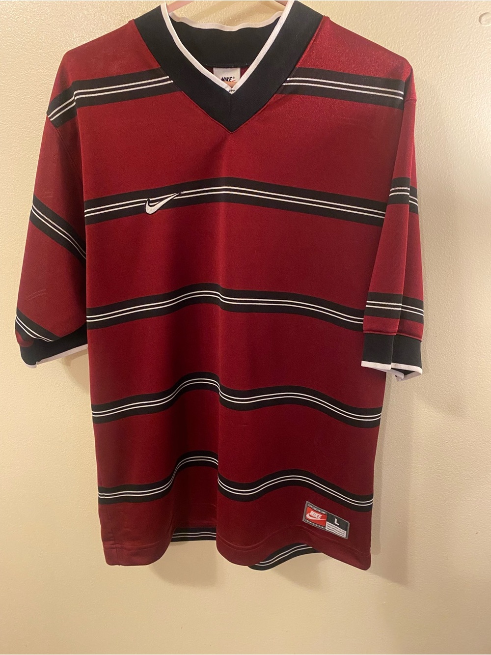Vintage Nike Men’s Red Striped V-Neck Soccer Jersey